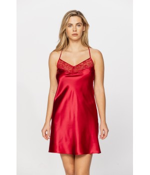 Camisón corto rojo de seda y elastano con espalda de encaje